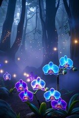 The flowers are in vibrant colors like electric blue and neon purple, surrounded by mystical trees and sparkling fireflies. A soft mist lingers in the air, creating a dreamy, fantasy-like scene