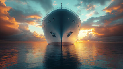 Fototapeta premium A photograph of a cruise ship's bow, viewed from directly below and angled upward. The ship's massive hull towers over the viewer.