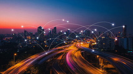 Fototapeta premium Smart digital city with connection cyber security network reciprocity over the cityscape . future smart wireless digital city and social media networking systems that connects people within the city