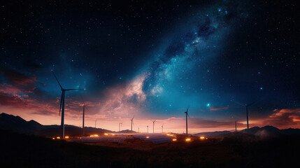 Futuristic energy farm with glowing solar panels and wind turbines under starry sky. serene and innovative landscape