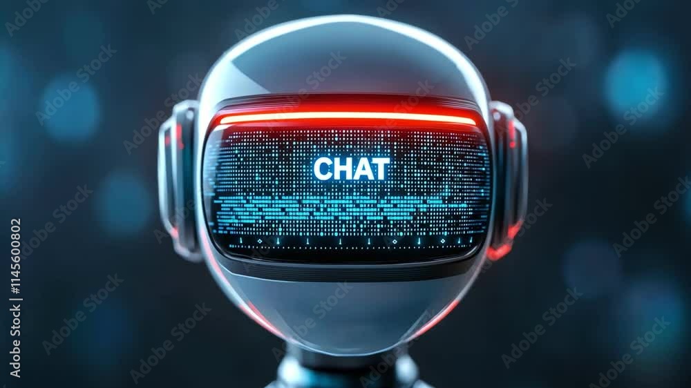 Aufkleber futuristic robot with a screen displaying chat interface, isolated on dark background.