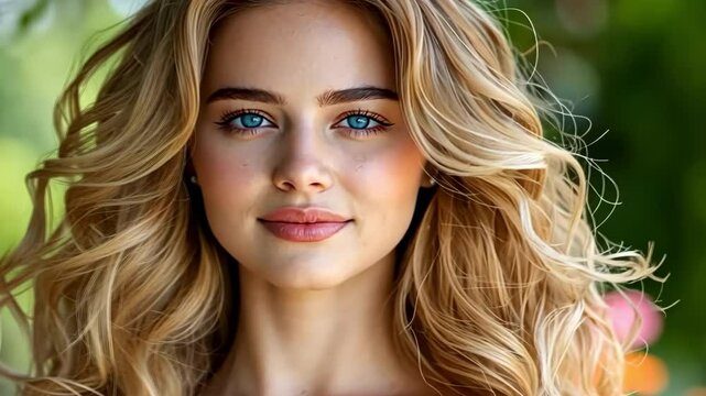 The stunning woman with flowing, sun kissed blond hair gazes confidently at the camera, radiating a powerful and alluring presence with her piercing blue eyes and flawless complexion.