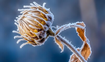 Frost-covered sunflower head and stem, winter.