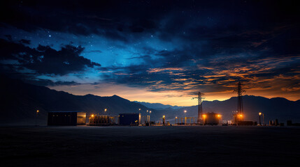 Futuristic energy storage facility illuminated at night with mountains