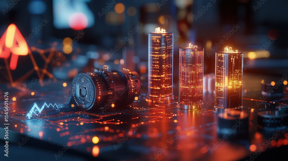 Poster high tech energy grid with glowing interconnected components and circuits