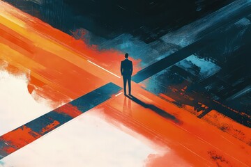 A conceptual image of a businessman standing at a crossroad with two paths, one symbolizing high risk and the other low risk, representing decision-making in risk management.