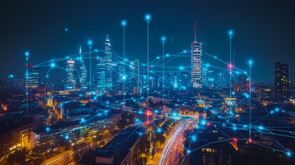 Smart digital city with connection cyber security network reciprocity over the cityscape . future smart wireless digital city and social media networking systems that connects people within the city