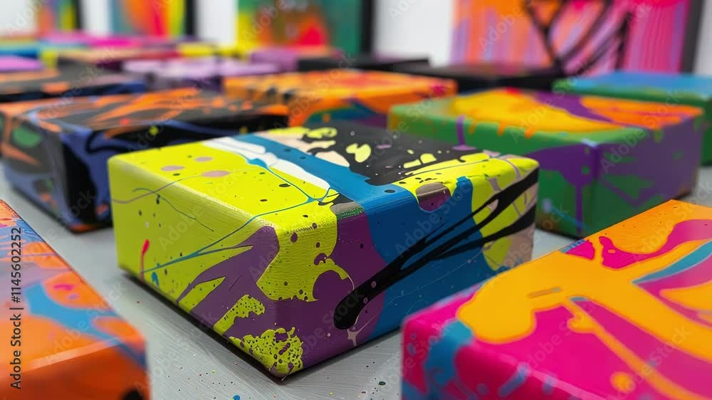 Poster a series of small canvases feature vibrant colors and abstract shapes all inspired by the strong for