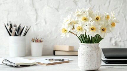 White Daffodils in a Vase on a Desk with Office Supplies