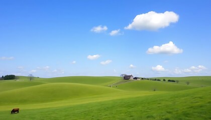 Rolling Green Hills Farmhouse Under Blue Sky
