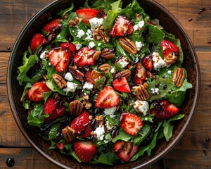 Fresh Kale Salad with Strawberries, Walnuts, and Creamy Dressing on Rustic Wooden Table, Healthy Meal Concept