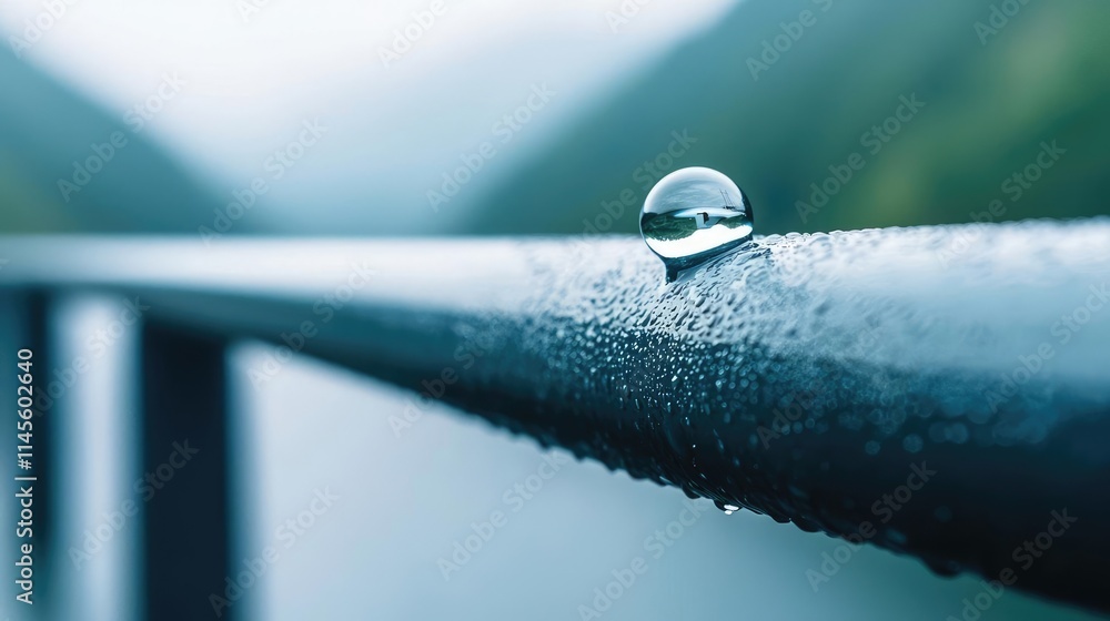 Poster macro natural idea. a close-up of a water droplet resting on a metal railing in a misty landscape.