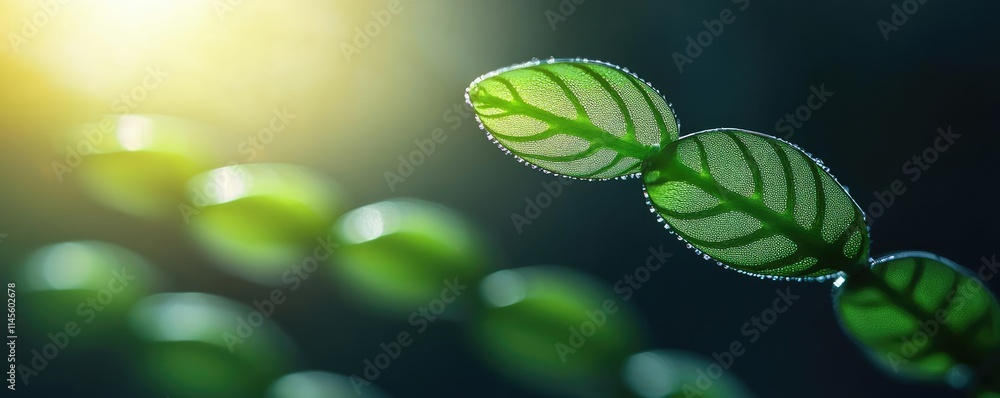 Poster macro natural idea. close-up of vibrant green leaves with sunlight creating a serene ambiance.