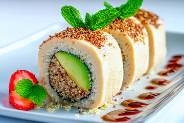 Colorful vegan sushi rolls with quinoa and avocado, showcasing plant based fusion cuisine