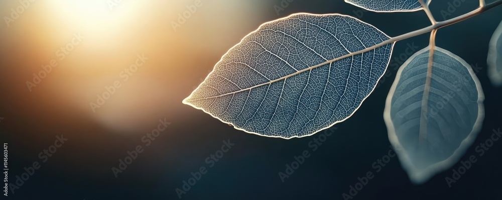 Poster macro natural idea. close-up of delicate leaves illuminated by soft sunlight in a tranquil setting.