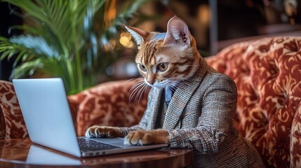 A fashionable Korat cat wearing a three piece suit working diligently on a laptop computer in a cozy well appointed office setting surrounded by lush greenery and comfortable furnishings
