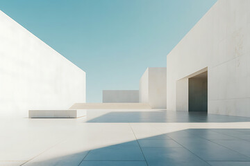 Fototapeta premium A deserted modern plaza with geometric shapes and empty spaces surrounded by urban architecture