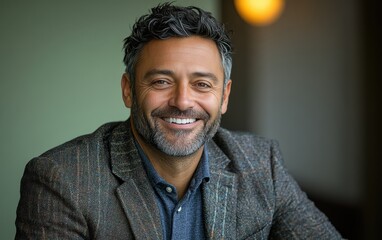 Confident businessman with a suit and a smile in a office background, He looking at the camera