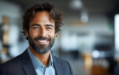 Fototapeta premium Confident businessman with a suit and a smile in a office background, He looking at the camera