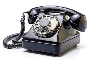 Retro Black Office Phone, Vintage Desk Telephone, Black Rotary Phone, Classic Telephone, Old Phone, White Background Product Photography