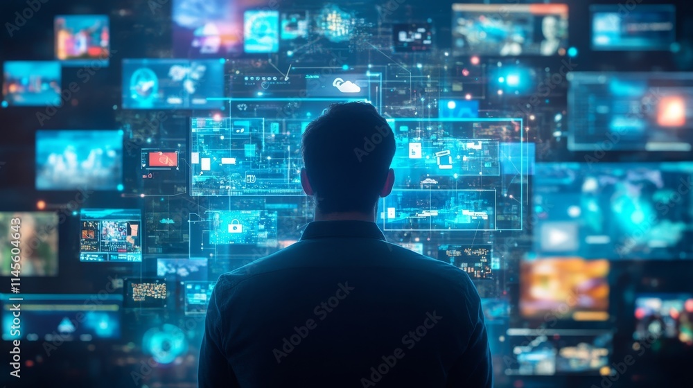 Poster backview of caucasian man looking at animated stream of online interfaces with social media, fintech
