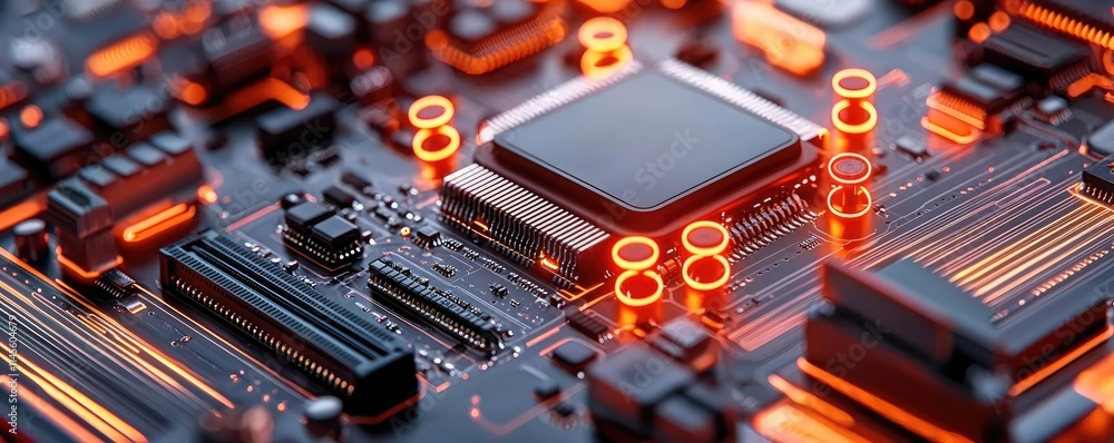 Poster inventory management concept. close-up of a glowing circuit board showcasing intricate electronic co