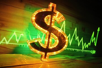 A bold, shiny golden dollar symbol reflecting light, placed on a wooden plank, with a glowing green financial chart featuring arrows and trend lines in the background.