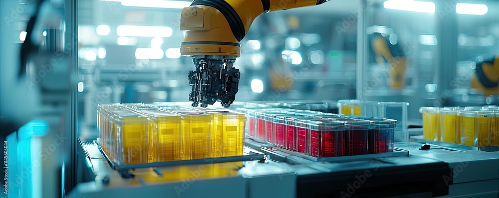 Aufkleber Inventory management concept. Automated robotic arm sorting colorful liquid samples in a modern lab environment.
