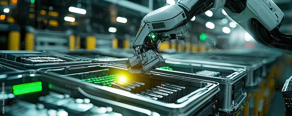 Poster Inventory management concept. A robotic arm assembling electronic components in a modern factory setting.