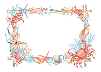 Crab, seashell with coral and seaweed with starfishe. Horizontal frame. Hand drawn watercolor illustration isolated. Marine border with copy space. Underwater reef animals. Template for card, print.