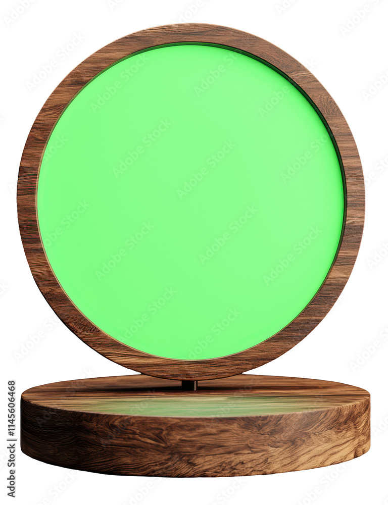 Poster elegant round display stand with blank green screen for presentations isolated on transparent or whi