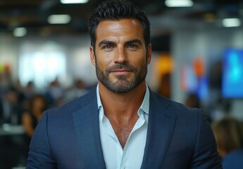 Fototapeta premium Business professional smiling confidently in a formal setting during a corporate event