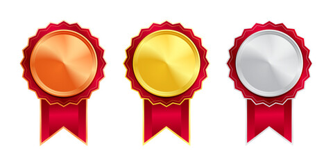 Shiny gold, silver, and bronze award medals with colorful ribbons. Medal of winners and achievements