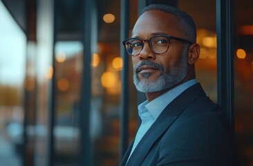 A man in a suit and glasses stands in front of a window