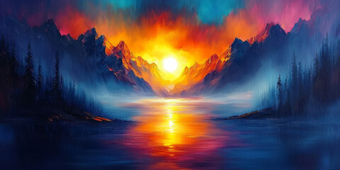 Obraz premium Vibrant Sunset Over Misty Mountains and Reflective Lake