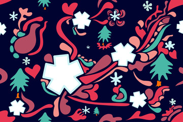 This image features a seamless pattern with various decorative elements, including trees, hearts, cross shapes, and flowing abstract designs in shades of red, green, pink, and light blue. The pattern 