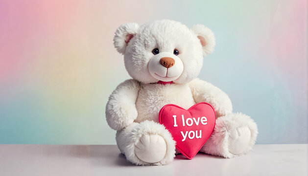 Cute teddy bear holding a heart that says "I love you" with a colorful background