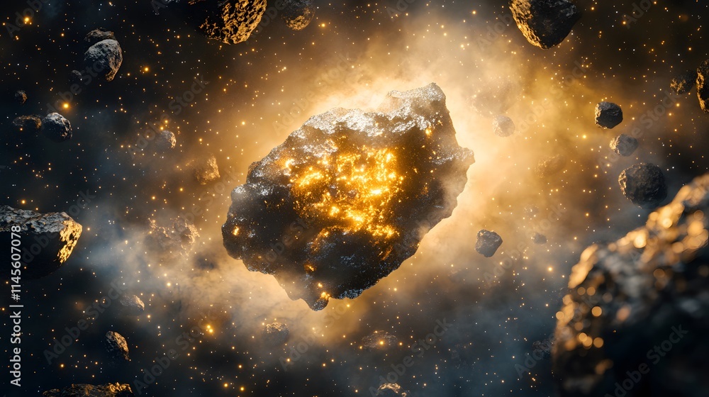 Poster asteroid collision event in space digital artwork cosmic environment surreal viewpoint sci-fi concep