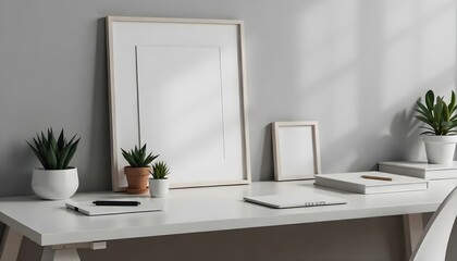 A minimalist home office setup with a large white frame , a small potted plant , and some framed artwork on a white desk