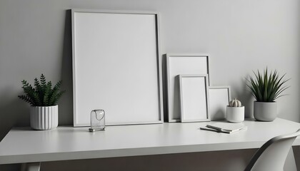 A minimalist home office setup with a large white frame , a small potted plant , and some framed artwork on a white desk