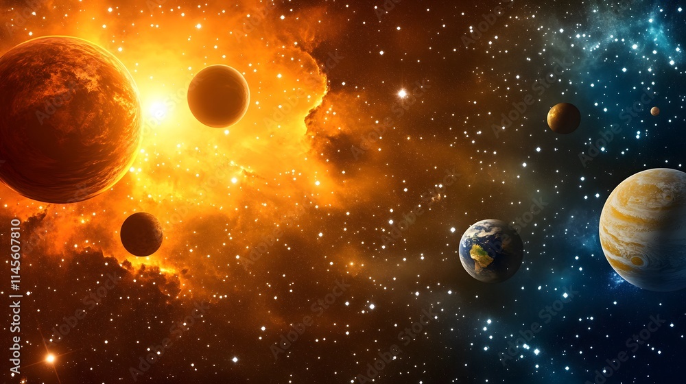 Poster celestial event planets align in cosmic display outer space digital art vibrant environment wide-ang