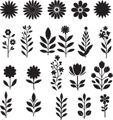 Large Collection of Black Silhouette Floral Design Elements