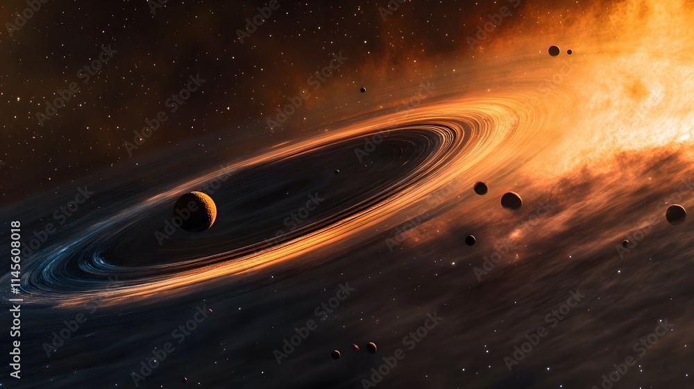Poster exploring cosmic phenomena planetary rings and moons outer space digital art celestial environment w