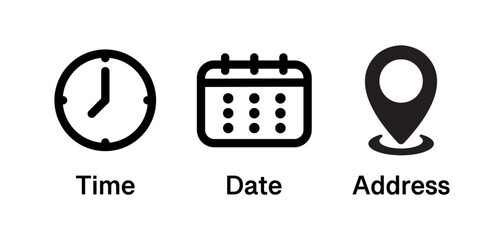 Time, date, location, address icon set symbol. Event elements, contact information, clock, pin map location, and calendar sign. Vector illustration