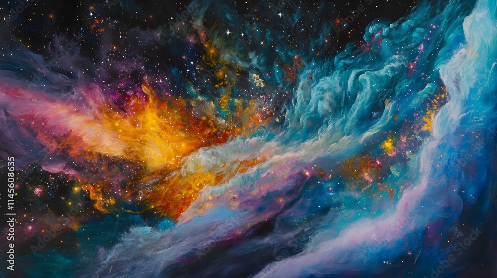 Poster celestial explosion of color outer space digital art cosmic environment abstract viewpoint vibrant c
