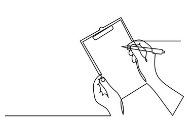 continuous line drawing of hands holding a clipboard with the checklist.To do a list with ticks and concepts for test expertise and exams in a simple linear style.line art Clipboard vector.