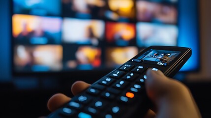 Close-up of hands using remote smart tv on blurred smart tv with video on demand as background