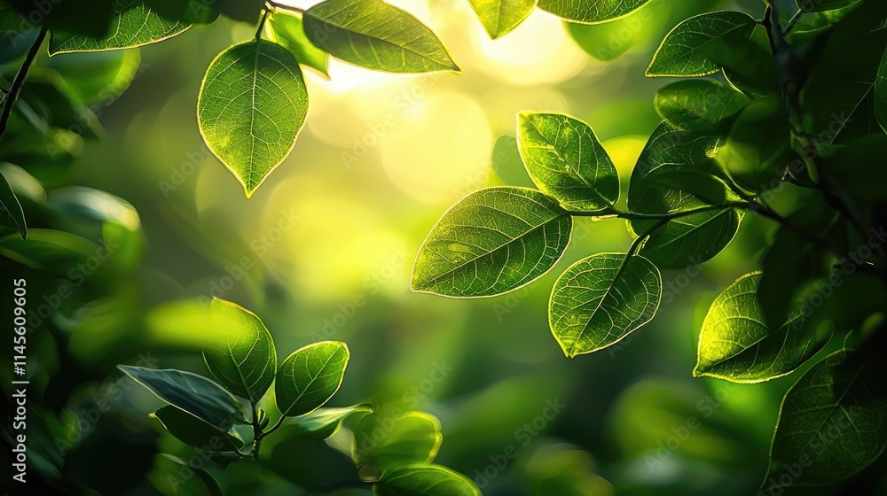 Poster macro natural idea. a close-up view of vibrant green leaves illuminated by soft sunlight.