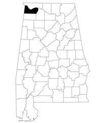 Map of Colbert County in Alabama state on white backround. single County map highlighted by black color on Alabama map. UNITED STATES, US