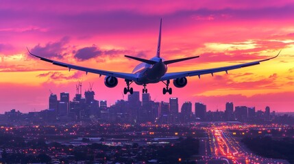 Airplane is flying in colorful sky over city at sunset. Landscape with passenger airplane, skyline, purple sky with red and pink clouds at dusk. Aircraft is landing at twilight. Aerial view of plane